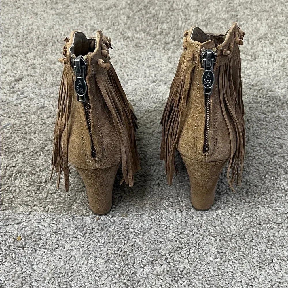 Ash Janis Brown Tan Suede Fringe Peep-Toe Wedge Booties Festival 40 US 9.5 10